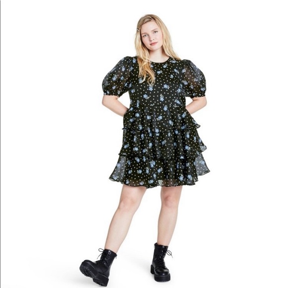 Sandy Liang X Target S, M, XL Floral Short Puff Sleeve Tiered Polka Dot Dress - Picture 10 of 17